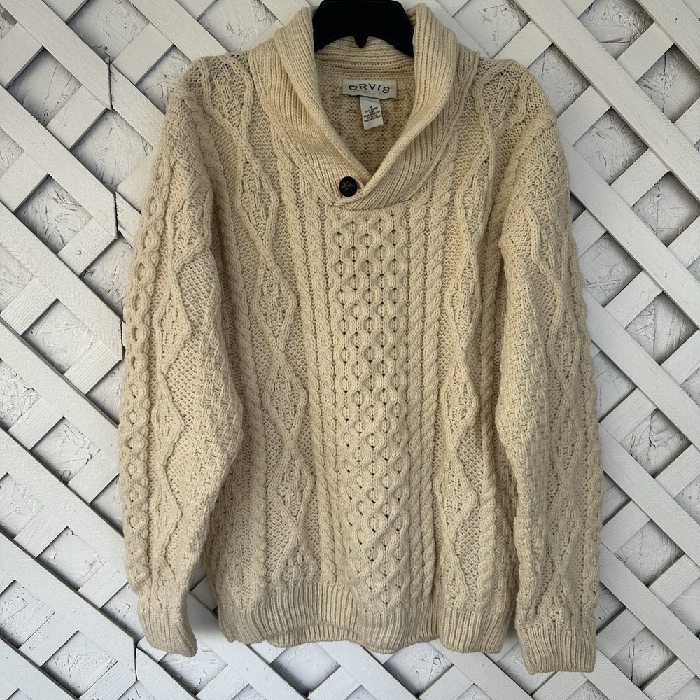 Orvis Men's Shawl Chunky Cable Knit Sweater  Fisherman Grandpa Wool Ireland Med